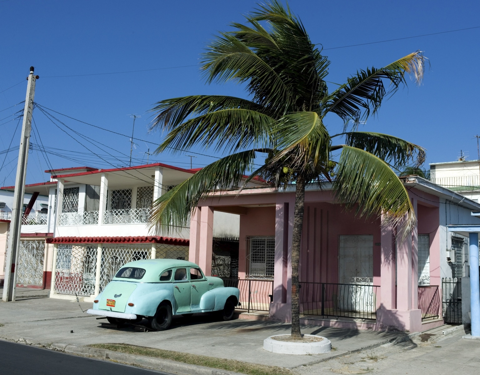 Archetypal Cuba-Blue Car, Pink House, Palm Tree